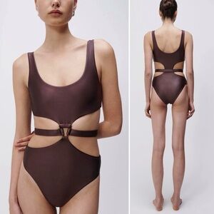 Jonathan Simkhai NWT Emelia Satin One Piece Swimsuit‎ Medium Chocolate Brown NEW